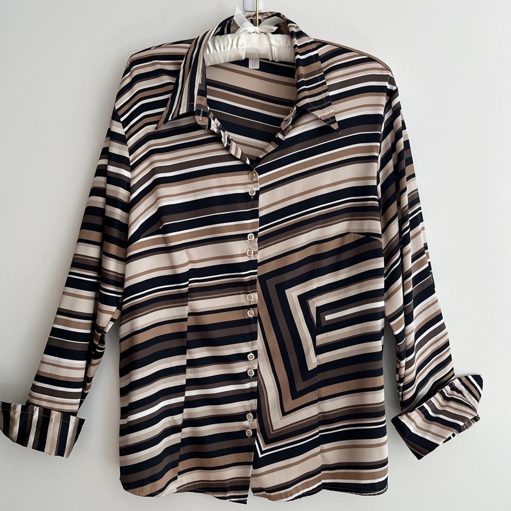 BIANCA Long Sleeve Button Front Blouse Earth Tone Stripes Geometric Business